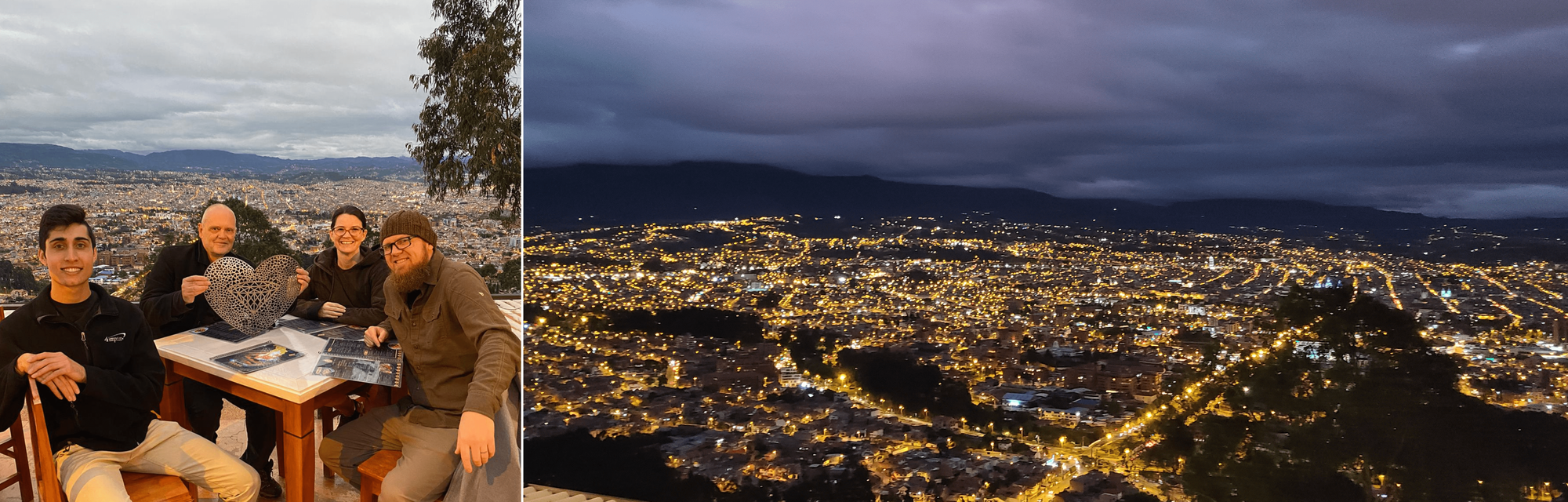 photo on left of Brian, Sara, an older Englishman, and a 20something Indian-American man, at a table with the city in the background. 2nd photo of the city lights at night, hills in the distance and cloudy sky.