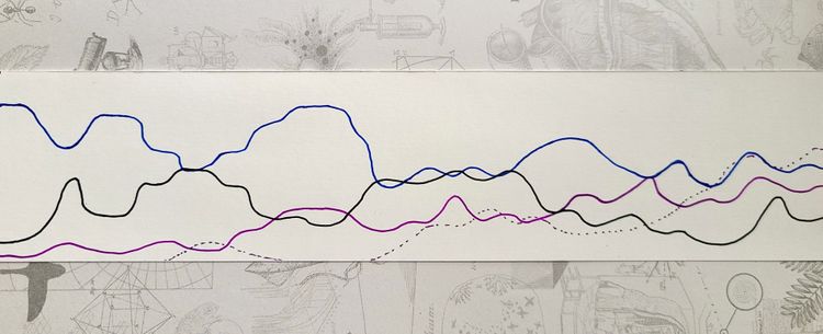 four wavy lines of different colors, start on the left side and wiggle across to the right, intersecting at different points