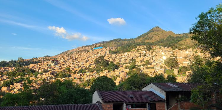 Photo a city hillside with a forested park at the top. A 1 centimeter blue line marks the path from the metro to the park.