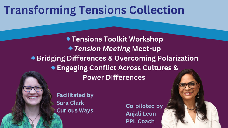 Upcoming workshops, list of titles also in text below, and photo of Sara facilitator and Anjali Leon co-pilot.